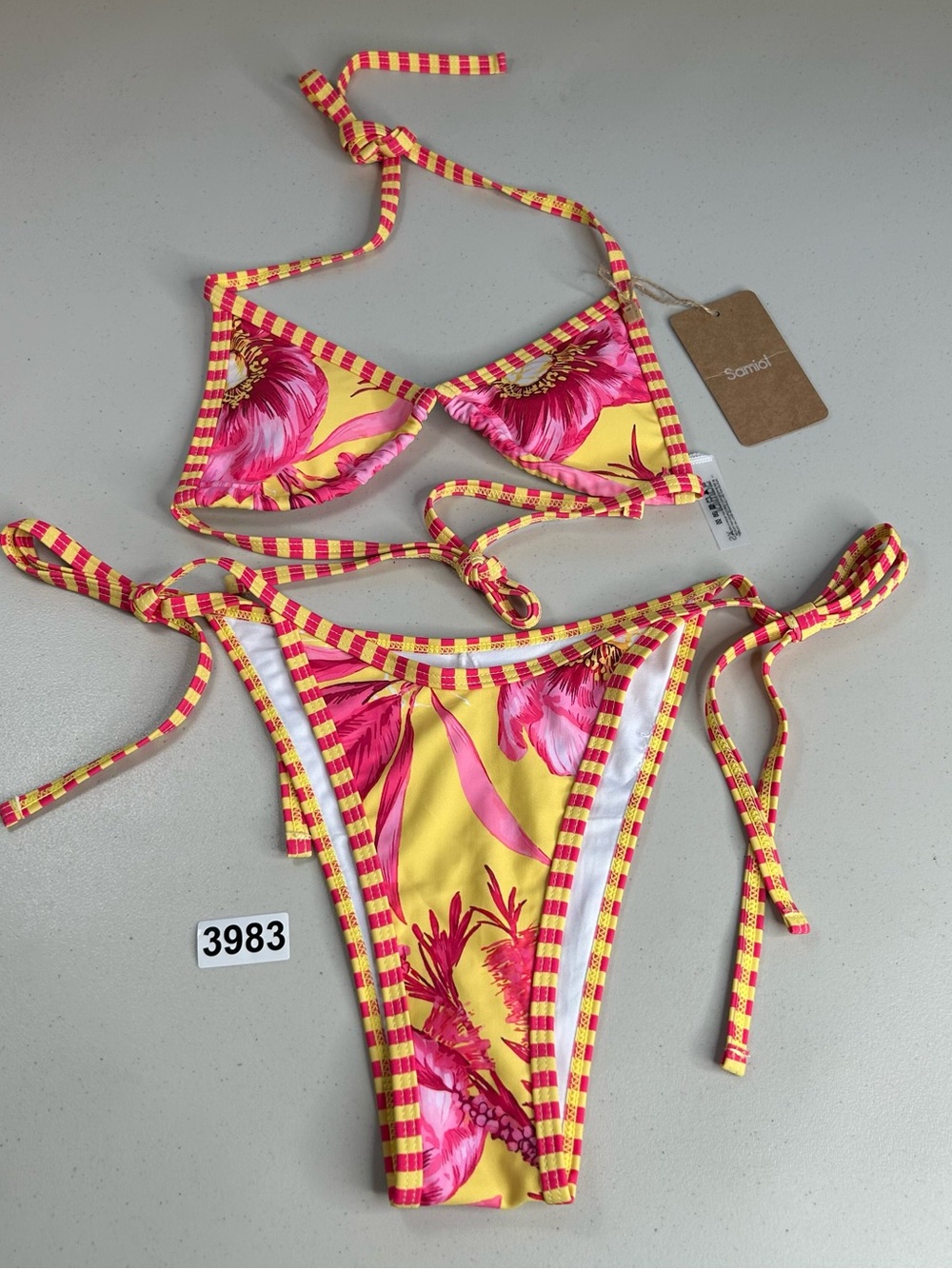 Samiol XS Yellow Floral Print Bikini Set Triangle Halter Top Tie Bottom New